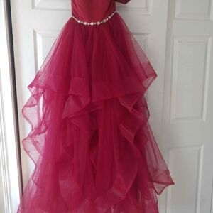Elegant Red Layered Gown with Rhinestone Belt
